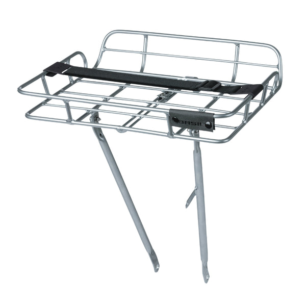 Porte Bagage Vélo Avant Plateforme Portland A Tringles Basil Avec Rebords Alu Argent Réglable 28''-26" (Poids Maxi 10 Kg