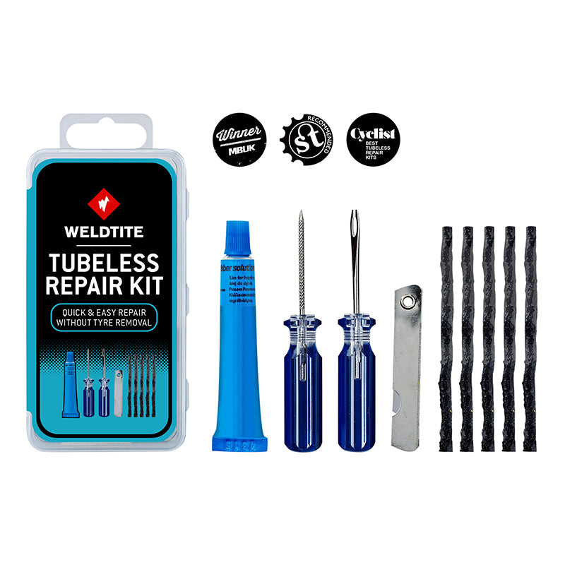 Kit Réparation Pneu Tubeless VTT Weldtite Par L'Extérieur Avec Meches - Boite (Colle 5G + Marqueur + 5 Meches + Lime + A