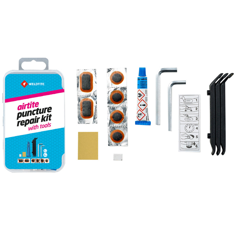 Kit Réparation Chambre A Air Weldtite VTT Avec Outils - Boite (4 Patchs 18 mm + 2 Patchs 28X18 mm + Colle 5G + Papier Po