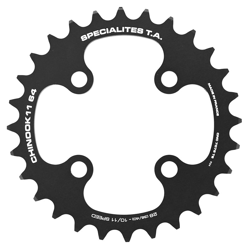 Plateau VTT 4 branches Ø 64 Ta Chinook 28 dents Intérieur Double Noir Alu Pour Shimano - Sram - Race Face - Fsa 10-11V.