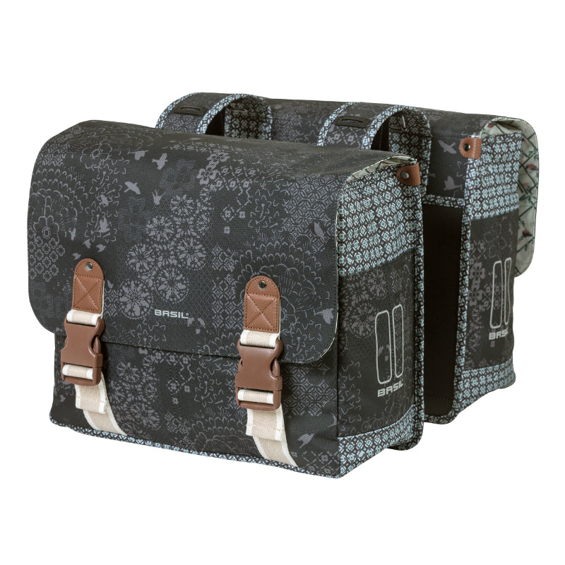 Sacoche Arrière Vélo Double Basil Boheme 35L Noir-Creme Fixation Velcros Sur Porte Bagage (37X15X37 cm)