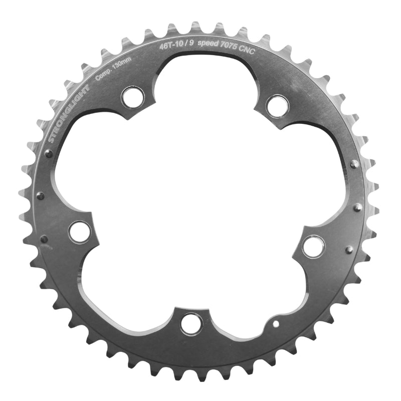 Plateau Route 5 branches Ø 130 Stronglight 46 dents Extérieur Argent Alu 7075 Type Shimano 9-10V.