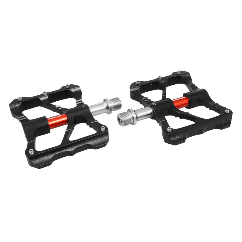 Pédale VTT Plateforme Descente - BMX Newton Noir Axe Rouge A Roulements Alu Cnc Filetage 9-16 Avec Picots Argent (Paire)