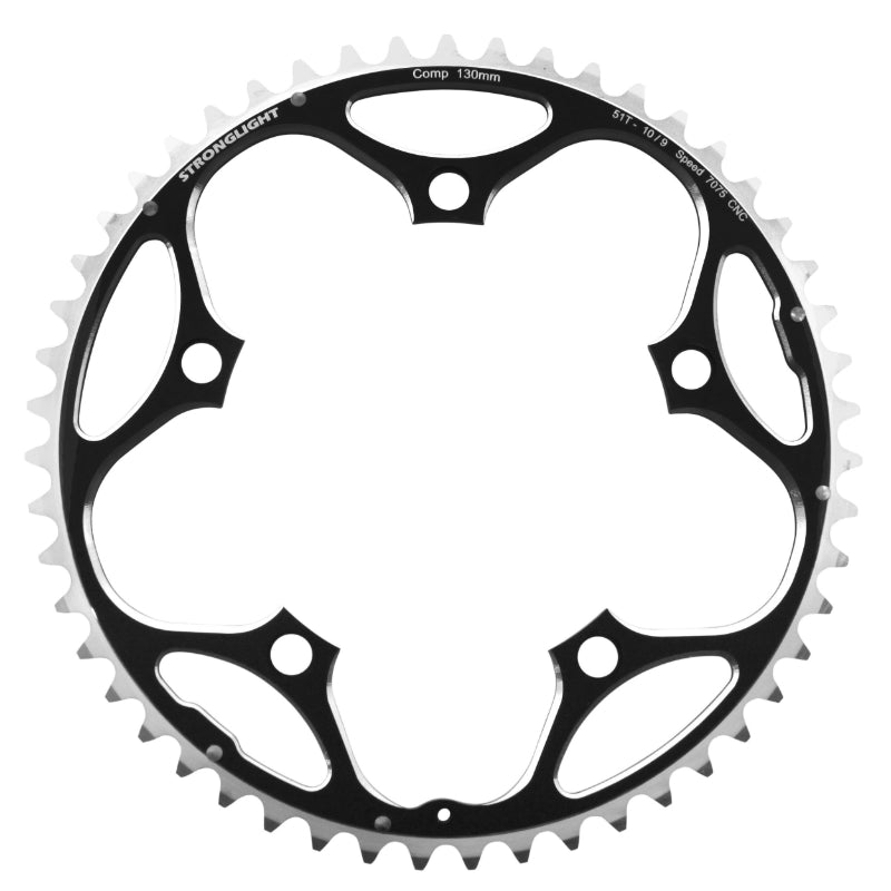 Plateau Route 5 branches Ø 130 Stronglight 51 dents Extérieur Noir Alu 7075 Type Shimano 11-10V.