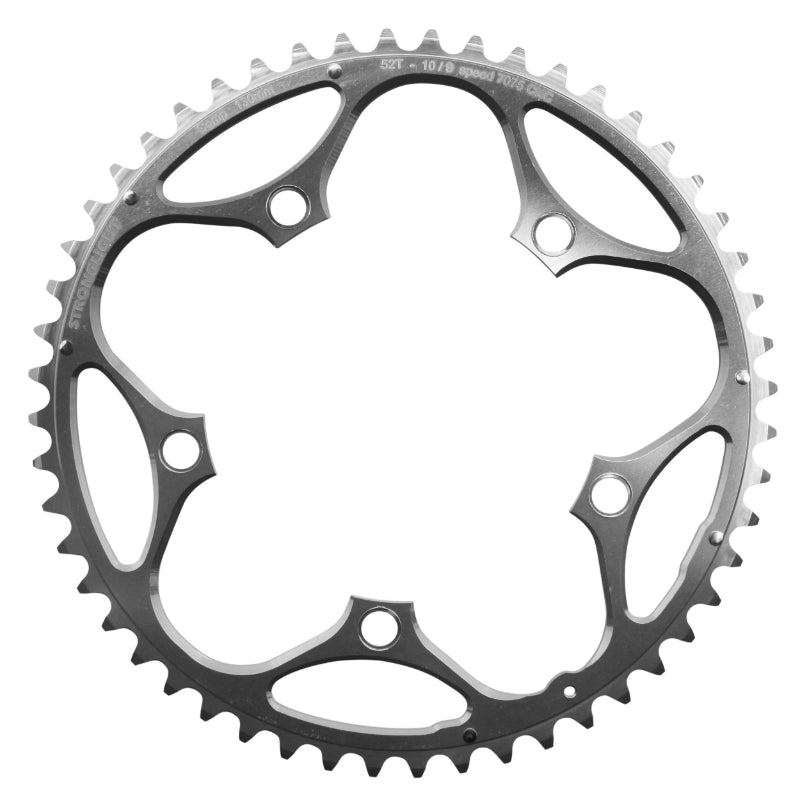 Plateau Route 5 branches Ø 130 Stronglight 52 dents Extérieur Argent Alu 7075 Type Shimano 9-10V.