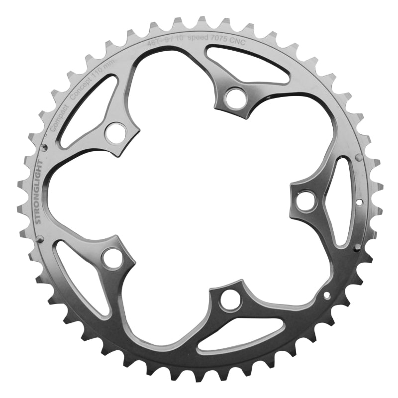Plateau Route 5 branches Ø 110 Stronglight 46 dents Extérieur Argent Alu 7075 Type Shimano 9-10V.
