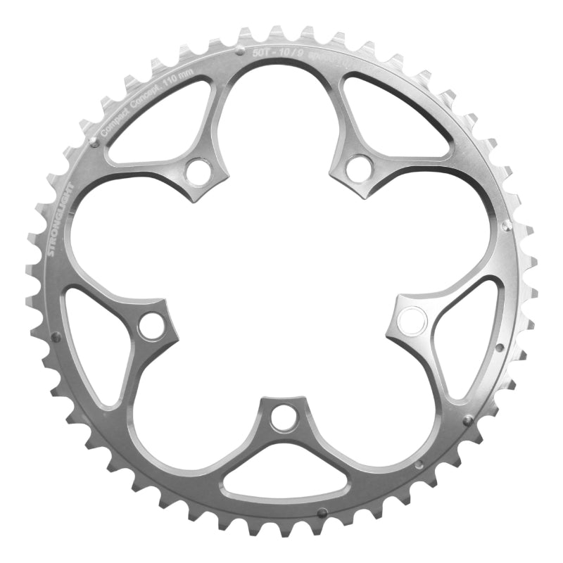 Plateau Route 5 branches Ø 110 Stronglight 50 dents Extérieur Argent Alu 7075 Type Shimano 9-10V.