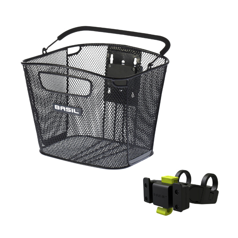 Panier Avant Acier Nid Abeille Basil Bold Noir (28X34X26 cm) -Vendu Avec Fixation Klickfix Spécial VAE - E-Bike Largeur 80 mm Mini Compatible Leader Fox