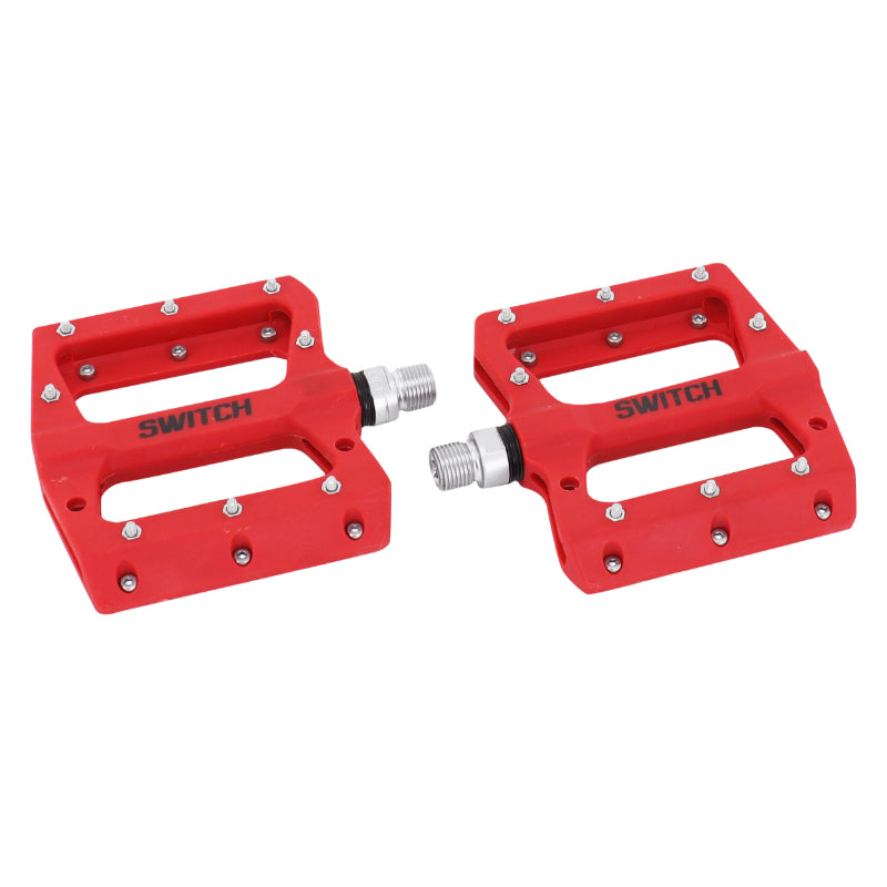 Pédale VTT Plateforme Descente - BMX Switch Jump Résine Rouge Filetage 9-16 Avec Picots Argent (Paire)