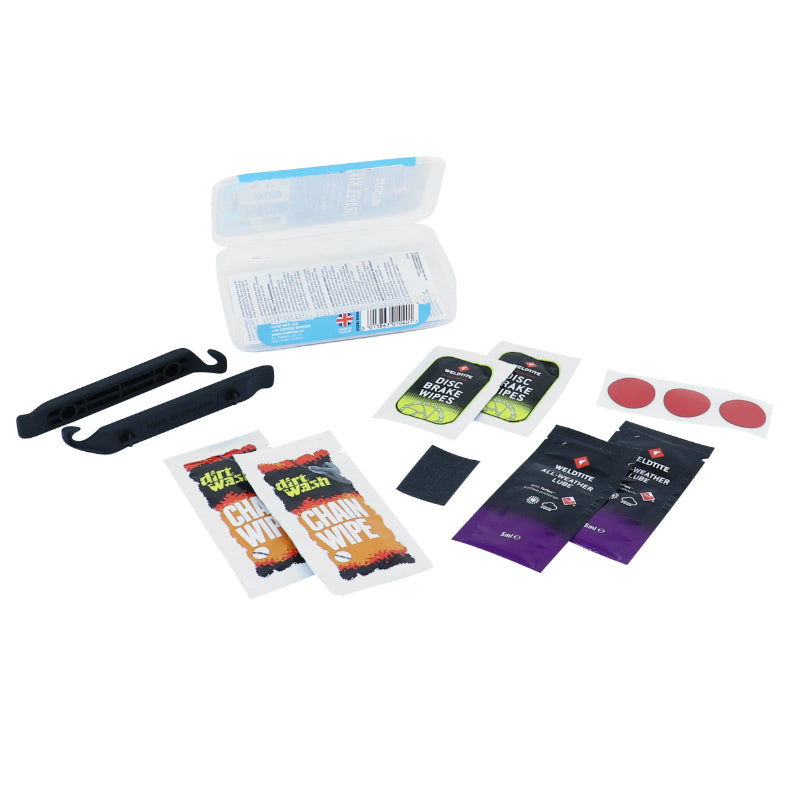Kit Réparation Chambre A Air - Entretien Weldtite Avec Rustines Et Demontes Pneu, 2 Sachets 5Ml Lubrifiants Teflon, 2 Lingettes Nettoyants Chaîne Et 2 Lingettes Nettoyants Disque