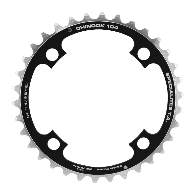 Plateau VTT 4 branches Ø 104 Ta Chinook Triple 34 dents Milieu Noir Alu Pour Shimano - Sram - Race Face - Fsa 8-9V.