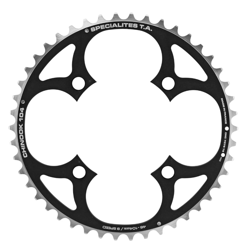 Plateau VTT 4 branches Ø 104 Ta Chinook Triple 46 dents Extérieur Noir Alu Pour Shimano - Sram - Race Face - Fsa 8-9V.