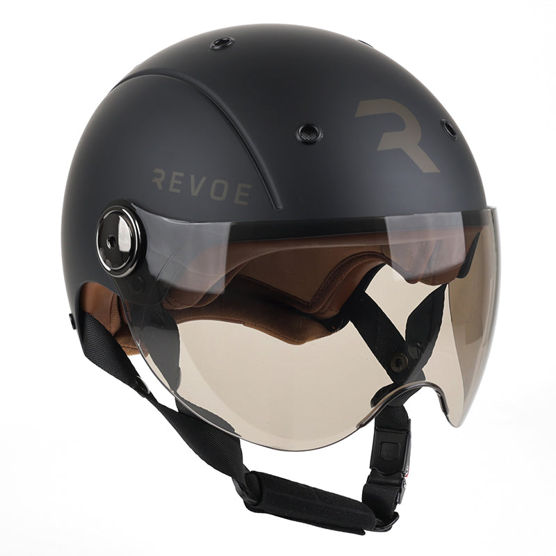 Casque Vélo Adulte Revoe Premium Urbain-City Noir Mat Taille 55-56 Visiere Réglable, Protection Oreille Amovible (Vendu