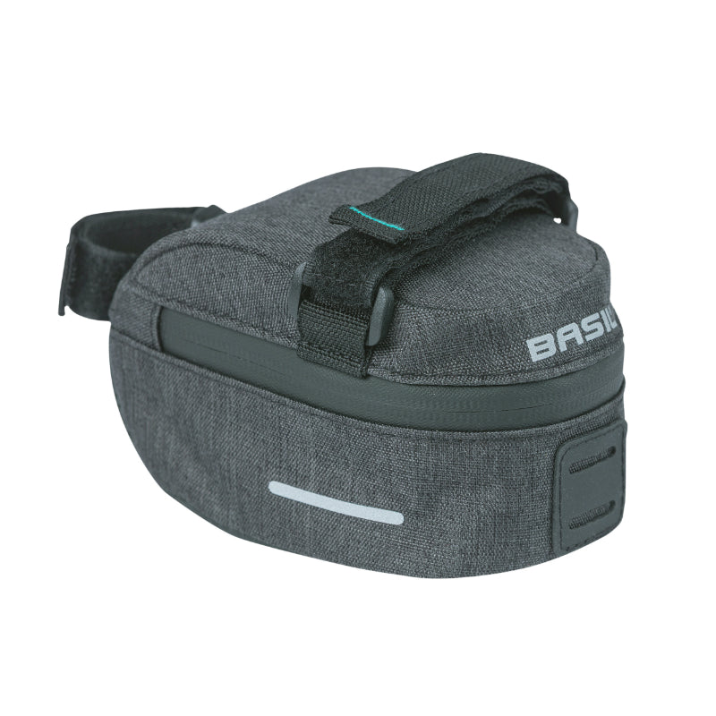 Sacoche De Selle Vélo Basil Discovery 0.5L Gris-Noir Fixation Sangles Sur Chariot De Selle Polyester Impermeable Avec Housse Anti-Pluie