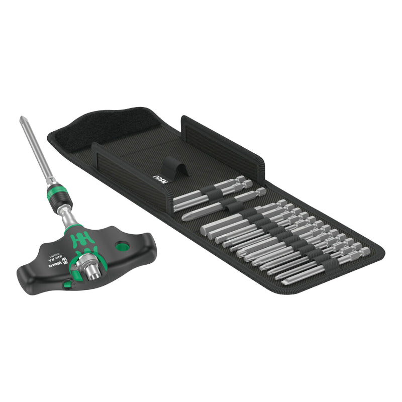 Cliquet Manche En T Wera 400 Kompakt 1-4 Avec Embouts Vissage Noir-Vert (Set 17 Pieces) -Marque Allemande Pour Les Ateli