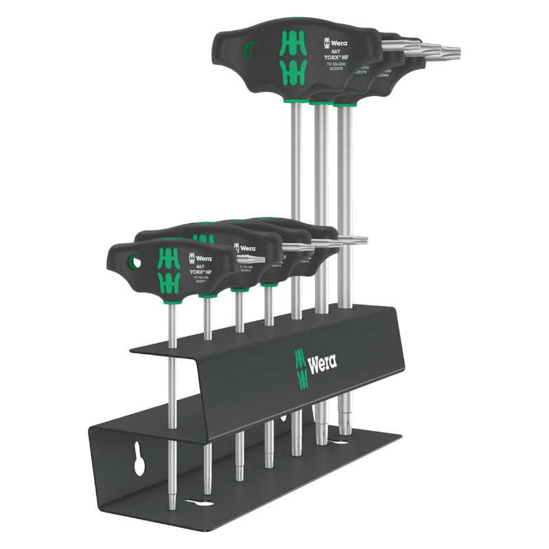 Clé Torx Manche En T Wera 467 Hf Noir-Vert (Avec Support) (Set 7 Pieces) -Marque Allemande Pour Les Ateliers-