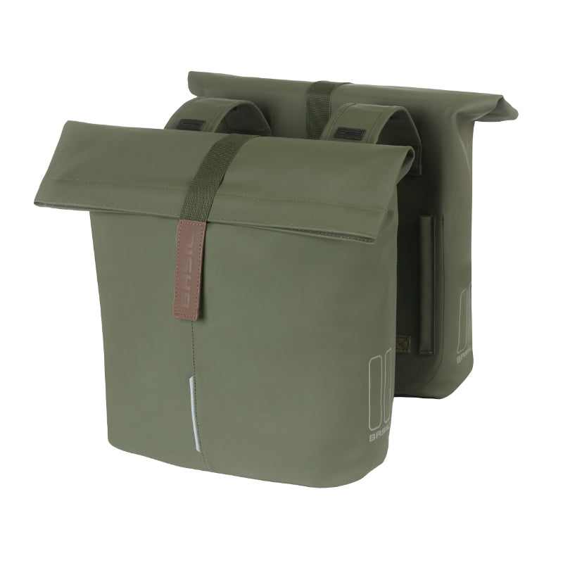Sacoche Arrière Vélo Double Basil Vegan Vert Imitation Cuir 28-32L Fixation Universelle Porte Bagage Fermeture Pliant An