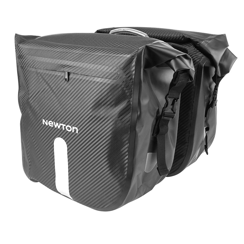 Sacoche Arrière Vélo Double Newton Noir Effet Carbone 25L Fixation Sangles Velcro Sur Porte Bagage (56X30X15 cm) Fermeture Pliant Anti-Pluie