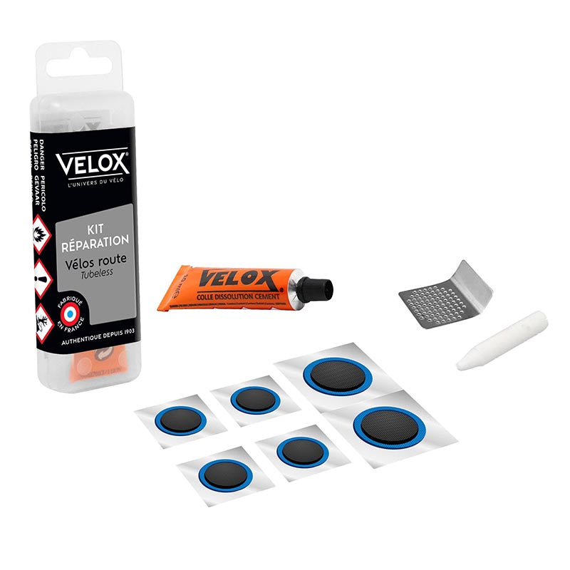 Kit Réparation Pneu Tubeless Route Velox Par L'Intérieur Avec Rustines - Boite (Colle 5Ml + 4 Patchs 16 mm + 2 Patchs 25 mm + 1 Rape Métal)