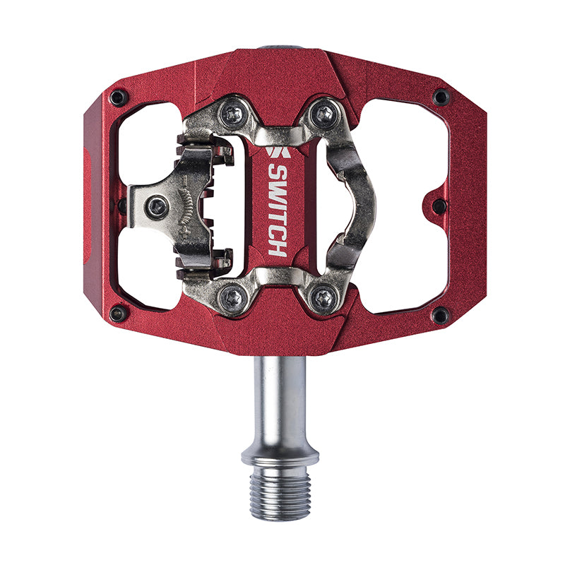 Pédale VTT Plateforme Switch Crank Flip Double Fonction Alu Cnc Rouge Filetage 9-16 Avec Picots (Paire) (Cales Shimano SPD Inclus) 85X70 mm