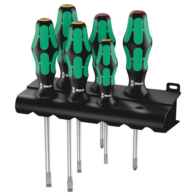 Tournevis Wera 334-6 Kraftform Cruciforme (Phillip) Et Plat Avec Rack De Rangement Noir-Vert (Set 6 Pieces) -Marque Allemande Pour Les Ateliers-