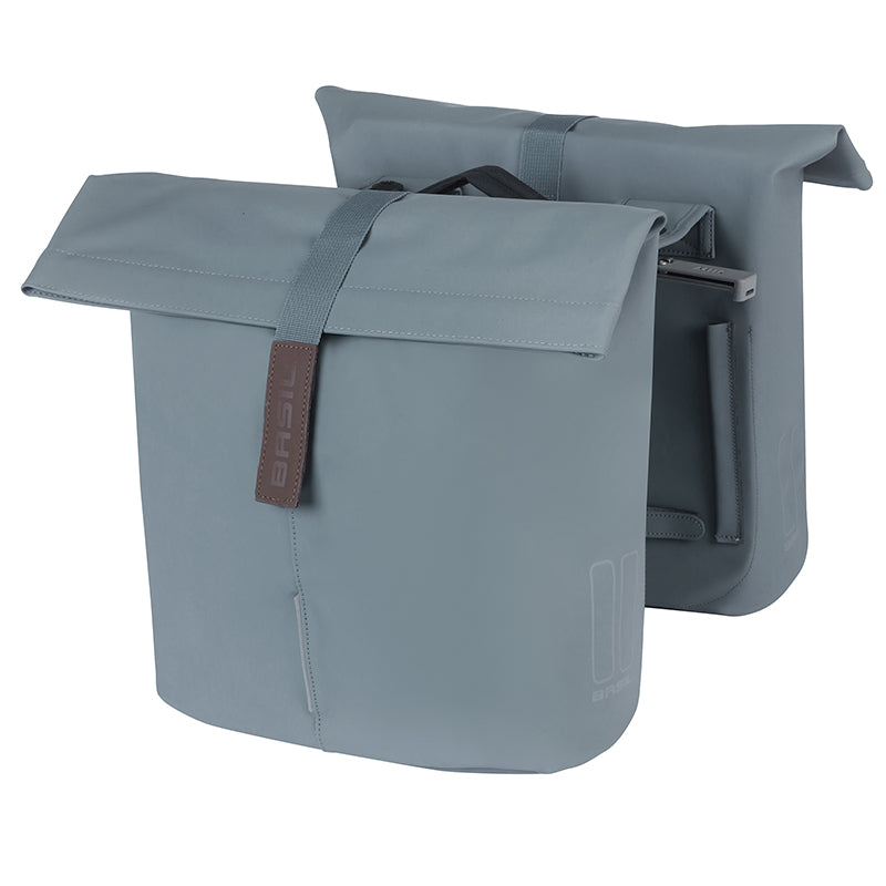 Sacoche Arrière Vélo Double Basil Vegan Bleu Imitation Cuir 28-32L Fixation Porte Bagage Fermeture Pliant Anti-Pluie Ave