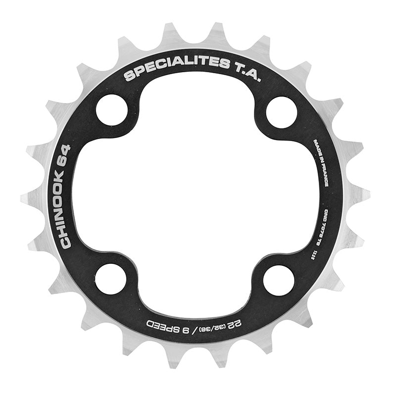 Plateau VTT 4 branches Ø 64 Ta Chinook 22 dents Intérieur Double-Triple Noir Alu Pour Shimano - Sram - Fsa 9V.