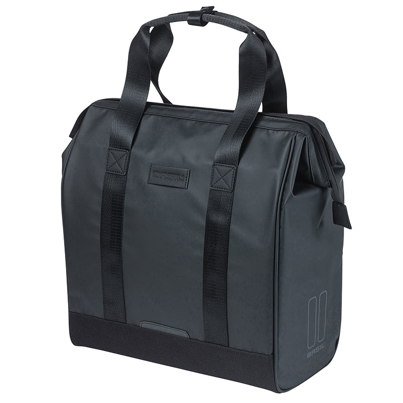 Sacoche Arrière Vélo Laterale Basil Grand Tarpaulin Shopper Noir Droit-Gauche Waterproof 23L Fixation Mik Hooks (34X19X35 cm)