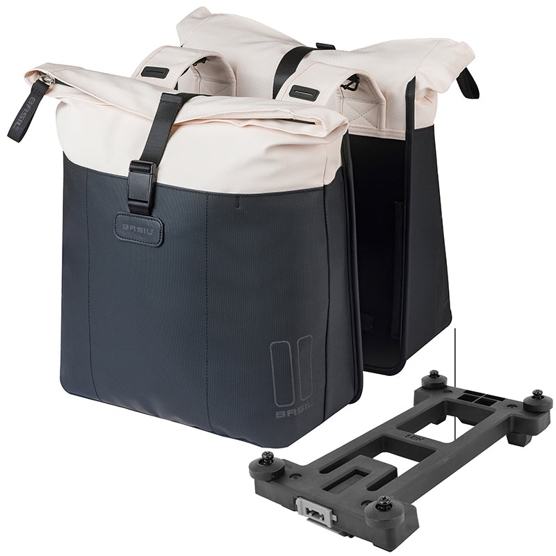Sacoche Arrière Vélo Double Basil Vive Blanc Casse - Noir 28-35L Fixation Porte Bagage Fixation Systeme Mik (Compatible