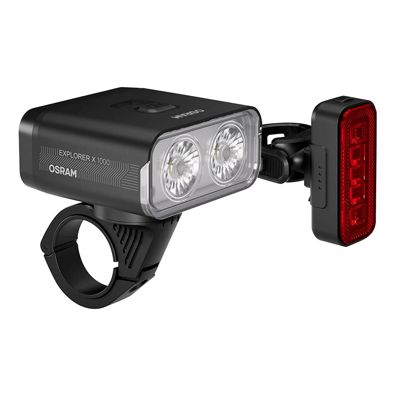Éclairage Vélo Usb Kit Osram LED VTT Explorer 1000 Lumen Noir Fonction Éclairage Automatique-Mode Flash- Feu Stop (Autonomie 4H-18H) (Avant+Arrière)