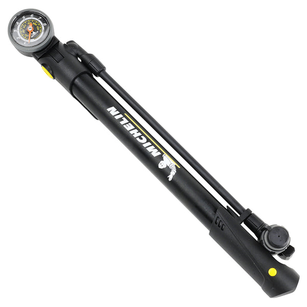 Pompe A Pied Mini VTT Michelin Air Tech Pro Avec Manometre Pied Pliable Alu-Résine 8 Bars Vp-Vs-Dunlop Poignée En T