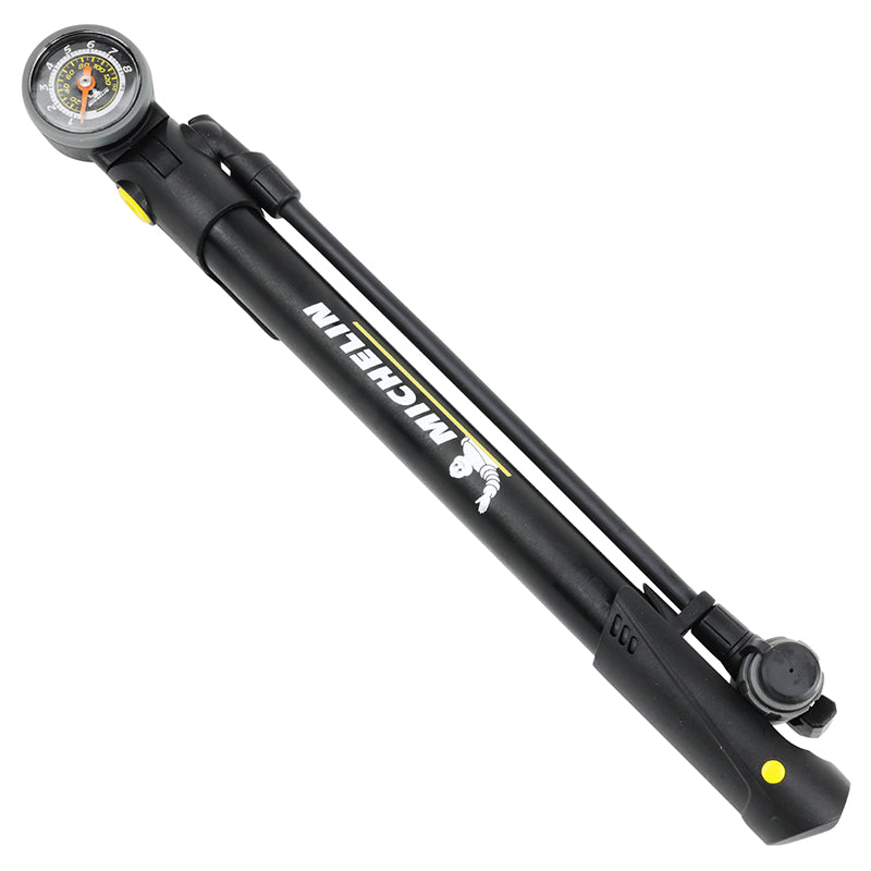 Pompe A Pied Mini VTT Michelin Air Tech Pro Avec Manometre Pied Pliable Alu-Résine 8 Bars Vp-Vs-Dunlop Poignée En T