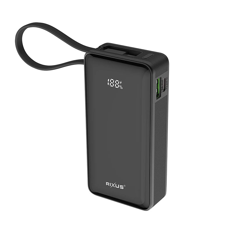 Batterie Externe Power Bank Rixus 10000 Mah 5V Noir Avec Indicateur De Batterie, Sangle De Transport Compatible Usb-C -