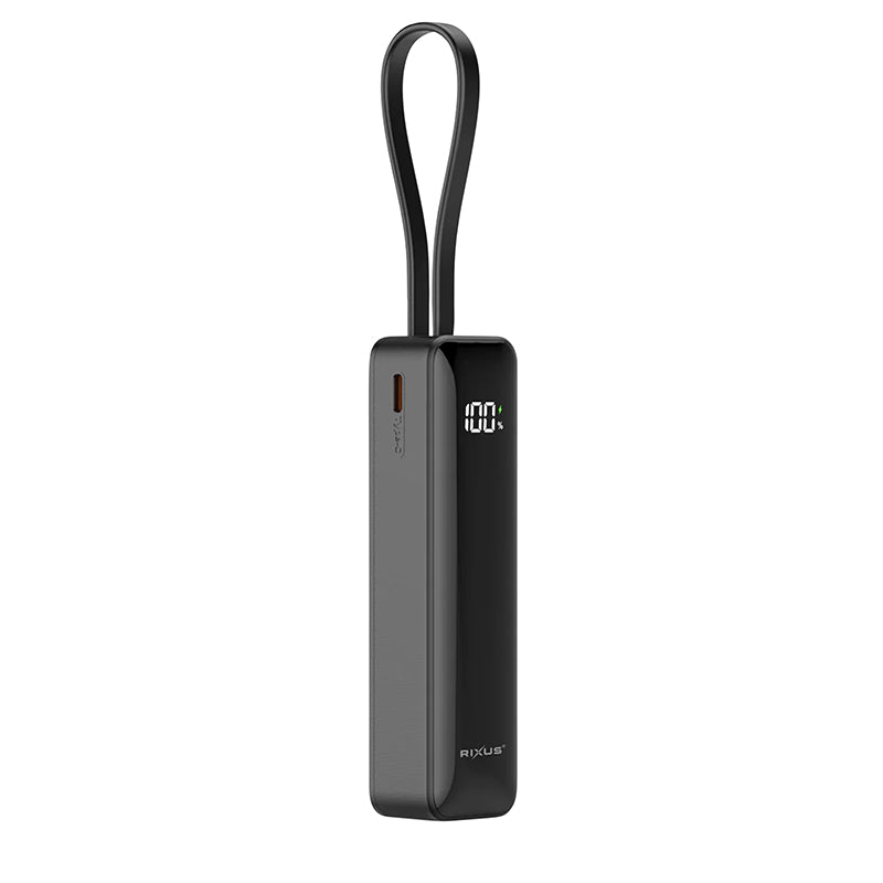 Batterie Externe Power Bank Rixus 5000 Mah 5V Noir Avec Indicateur De Batterie, Sangle De Transport Compatible Usb-C - U