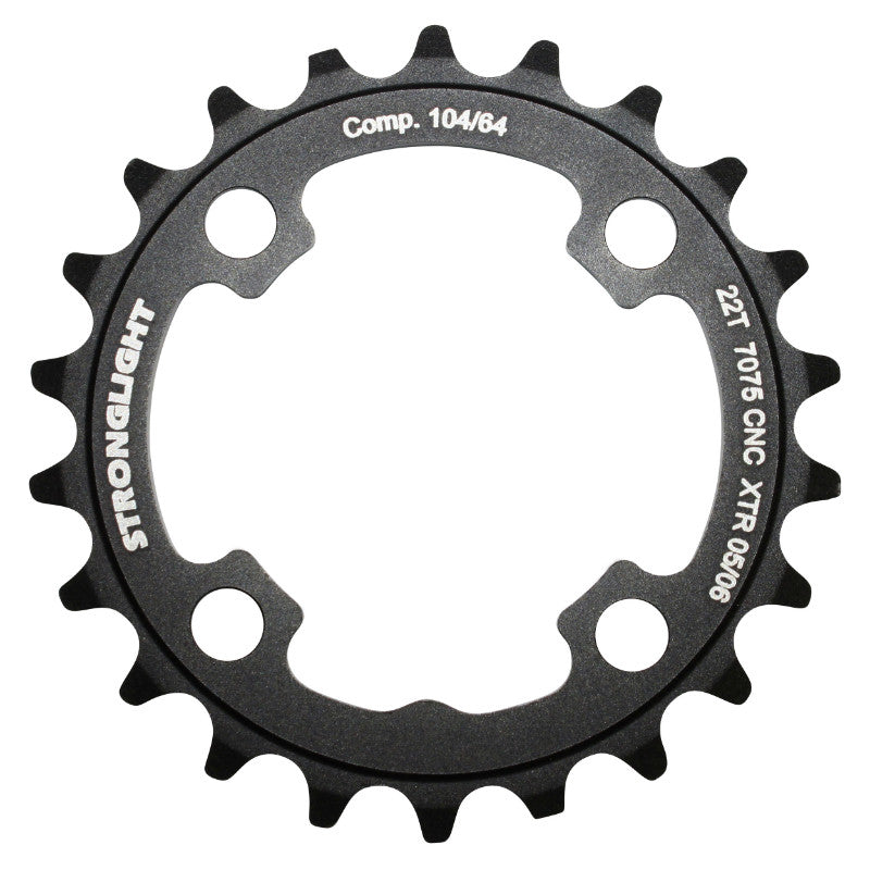 Plateau VTT 4 branches Ø 64 Stronglight 22 dents Intérieur Triple Noir Alu 7075 Compatible Xtr M960 - Épaisseur 4 mm