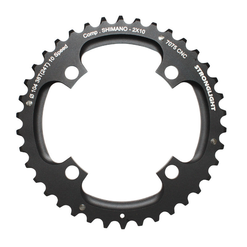 Plateau VTT 4 branches Ø 104 Pour Shimano Stronglight Double 38 dents Extérieur Noir 2X10V. (Sauf Xt-Xtr) Non Filete 10V. - Épaisseur 5 mm