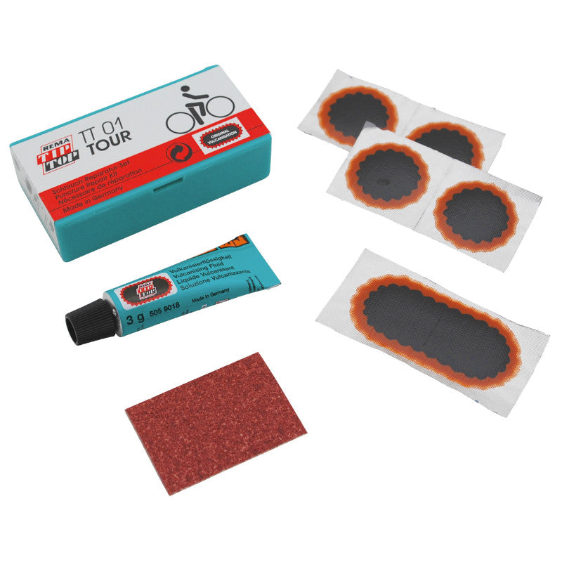 Kit Réparation Chambre A Air Tip Top Tt01 Tour Boite (4 Patchs F0 15 mm + 1 Patch F2 45X15 mm + Colle 3G + Papier Ponce)