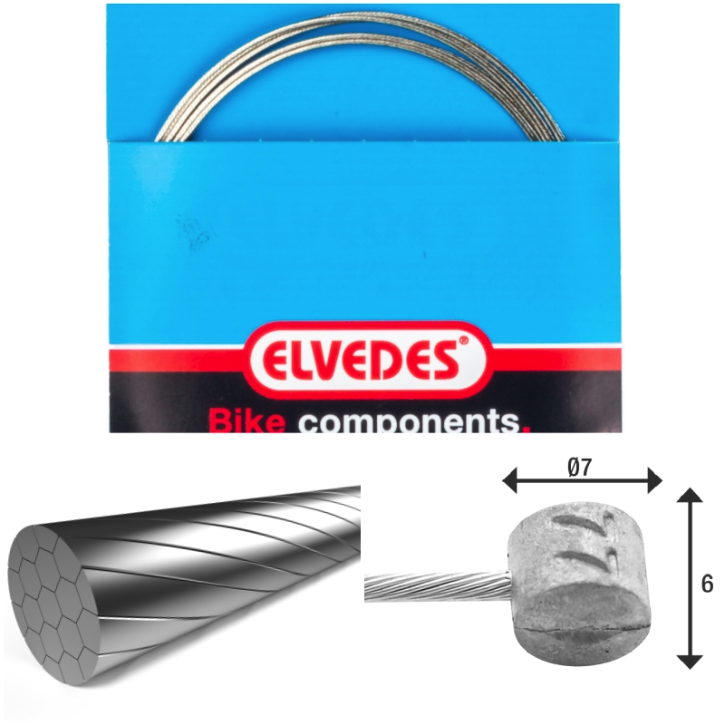 Câble de frein 2 000mm 1x19 fils inox Slick Elvedes Ø1,5mm tête en T Ø7x6mm
