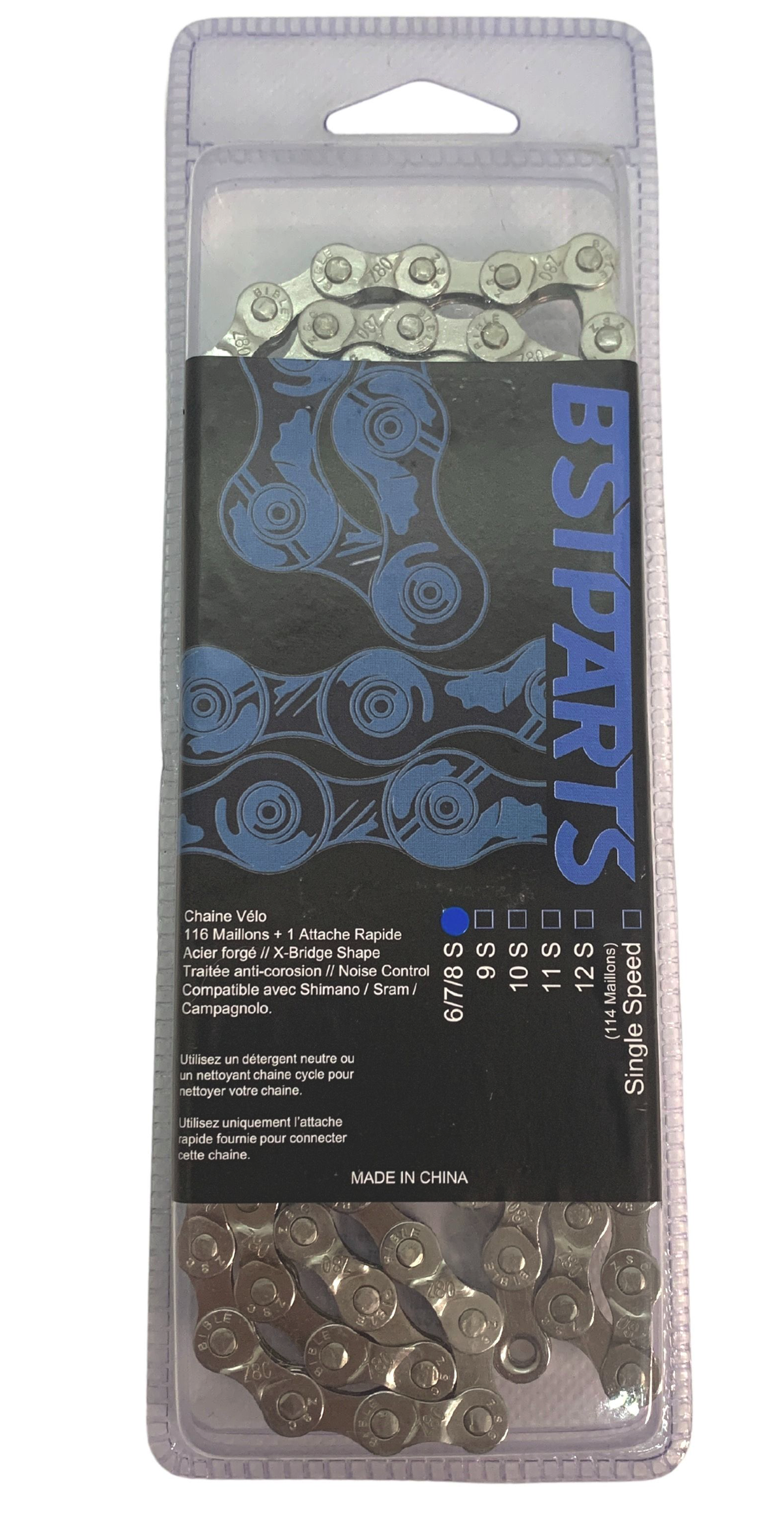 Chaîne BST Parts BST 6/7/8 vitesses Sram/Shimano (116 maillons + quick link) argent