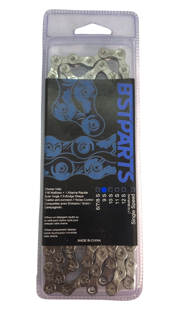 Chaîne BST Parts BST 9 vitesses Sram/Shimano (116 maillons + quick link) argent