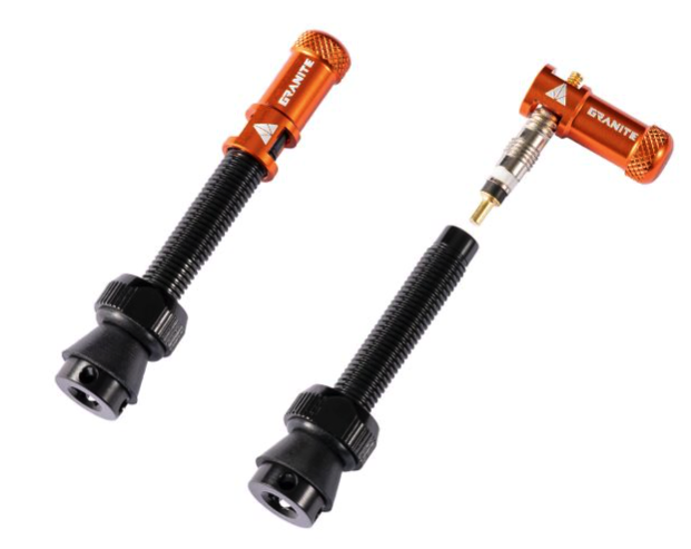Valves (44mm) et bouchons de valve Granite CNC/démonte obus Orange Juicy Nippl