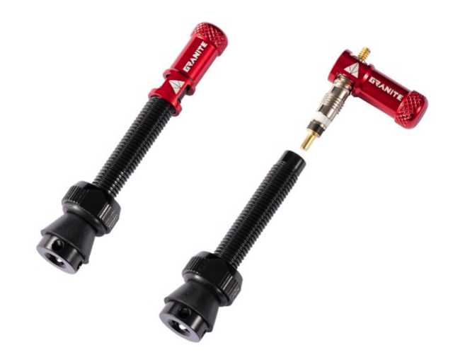 Valves (44mm) et bouchons de valve Granite CNC/démonte obus Rouge Juicy Nipple