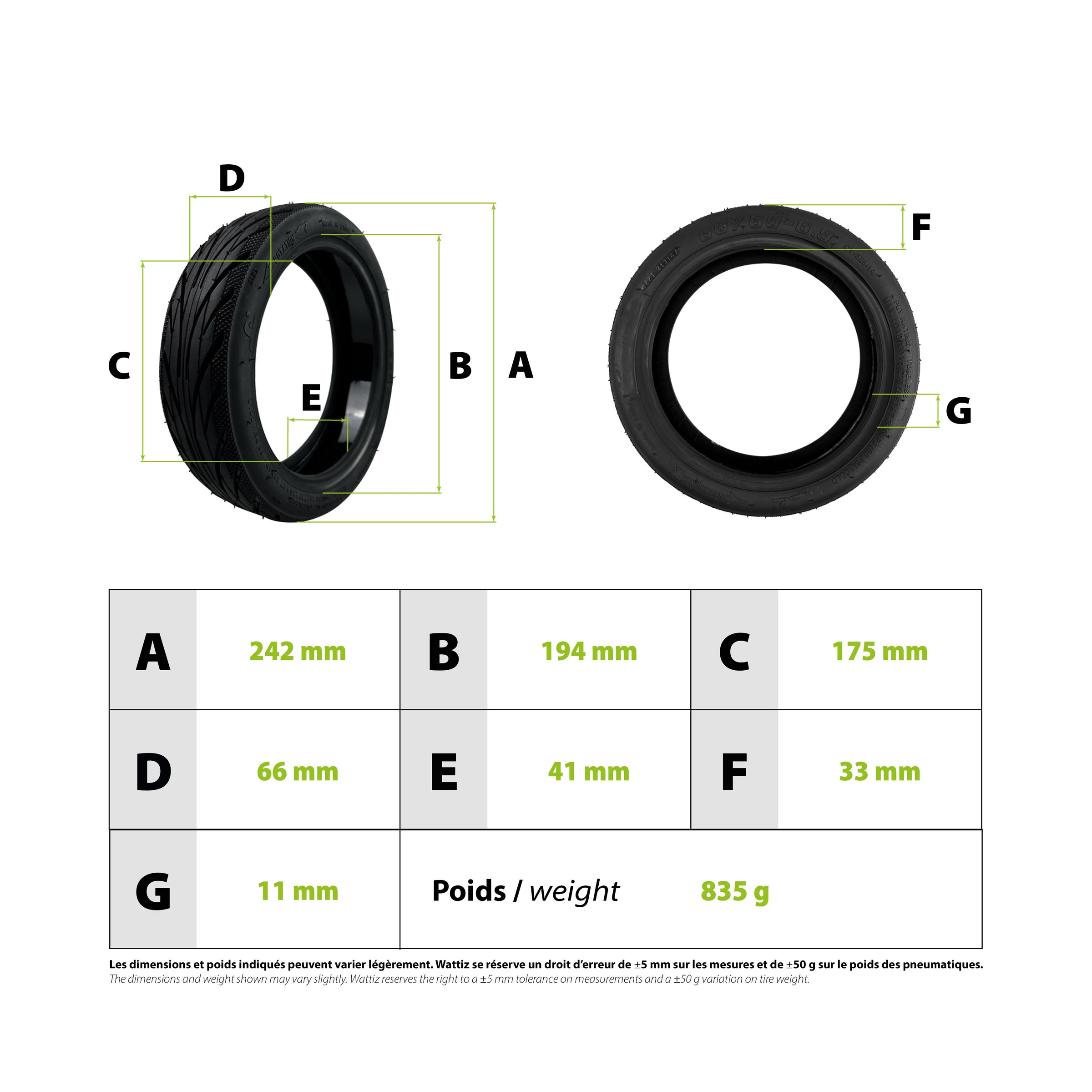 Tire 60/65-6.9 with gel Ninebot G2 rear wheel - vue 3