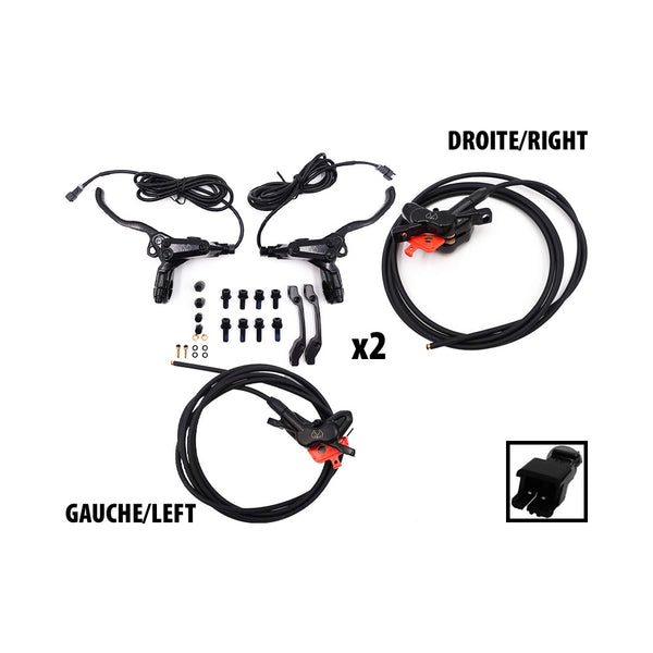 Kit freins hydrauliques 4 pistons connecteur SM (1x AR gauche / AV droite + 1x AR droite /AV gauche) - FRV - Vélo Shop Obernai