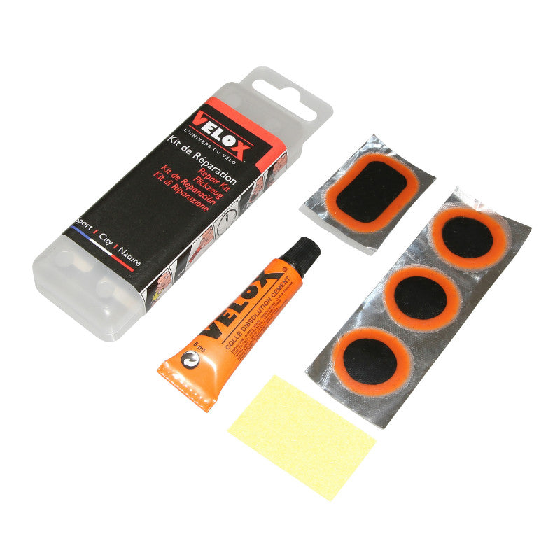 Kit Réparation Chambre A Air Velox VTT Renforcé - Boite (8 Patchs 25 mm + 2 Patchs 35X25 mm + 1 Pacth 50X30 mm + Colle 5