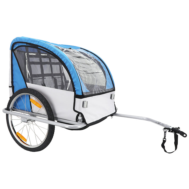 Remorque Vélo Enfant Couverte 2 Places Maxi 45Kg Colori Bleu-Gris Avec Roues 20" À Blocage Et Fixation Axe De Roue Arriè