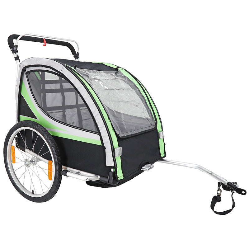 Remorque Vélo Enfant - Poussette Couverte 2 Places En Alu Maxi 36Kg Colori Vert-Noir Avec Roues 20" -Fixation Axe De Rou