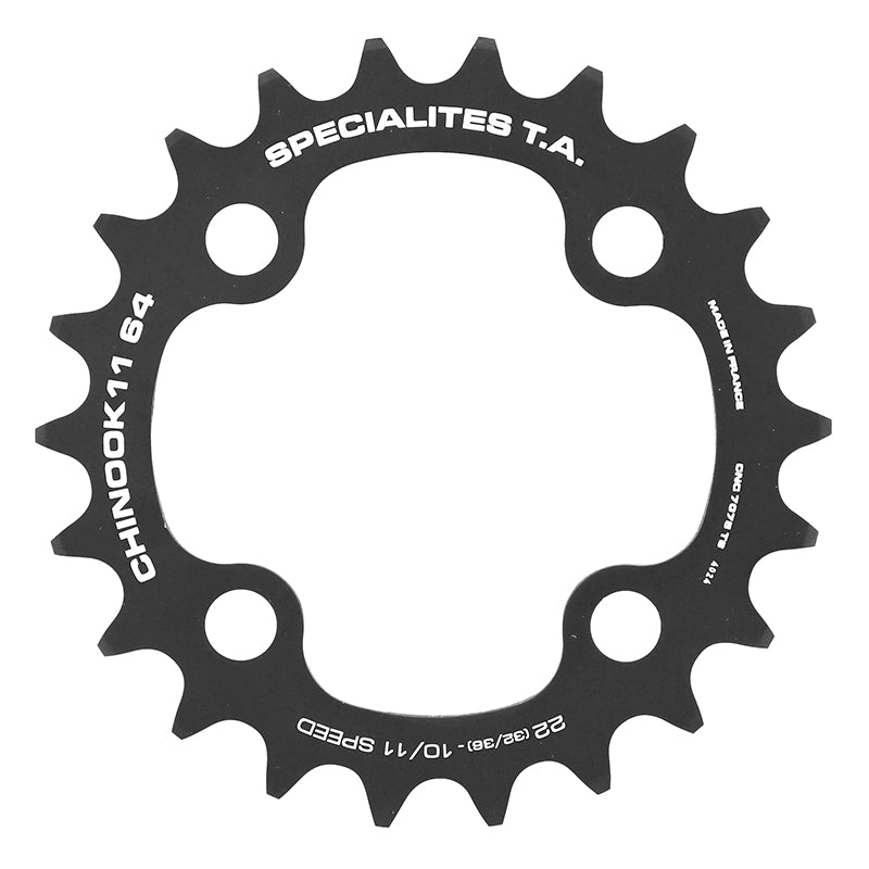 Plateau VTT 4 branches Ø 64 Ta Chinook 22 dents Intérieur Double Noir Alu Pour Shimano - Sram - Race Face - Fsa 10-11V.
