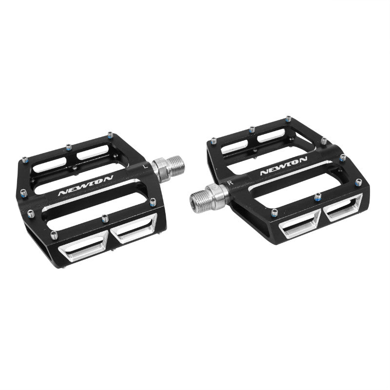 Pédale VTT Plateforme Descente - BMX Newton Noir A Roulements Alu Cnc Filetage 9-16 Avec Picots Argent (Paire) 108X98 mm