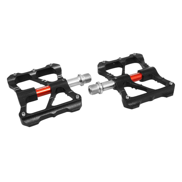 Pédale VTT Plateforme Descente - BMX Newton Noir Axe Rouge A Roulements Alu Cnc Filetage 9-16 Avec Picots Argent (Paire)